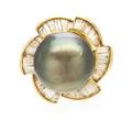An 18 Karat Yellow Gold Cultured Tahitian Pearl and Diamond Ring