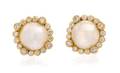 A Pair of 18 Karat Yellow Gold Mabe Pearl and Diamond Earclips