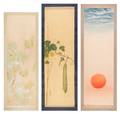 A Group of Three Japanese Ink and Color Scroll Paintings on Silk
