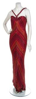 A Bob Mackie Red Satin Beaded Gown