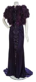 A Carolina Herrera Purple Pleated Silk and Feather Evening Ensemble