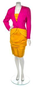A Bruce Oldfield Goldenrod and Fuschia Silk Cocktail Dress and Jacket