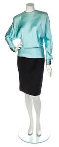 An Emanuel Ungaro Teal Peplum Blouse and Black Skirt Ensemble