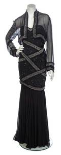 A Fabrice Black Silk Beaded Evening Gown