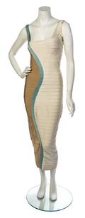 An Herve Leger Cream Blue and Tan Bandage Dress