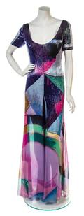 A Hanae Mori Couture Multicolor Printed Silk Chiffon Jumpsuit