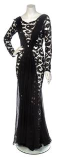 A Hanae Mori Couture Black Lace Beaded Evening Gown
