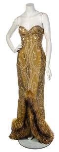 A Lorenzo Riva Couture Gold Strapless Evening Gown