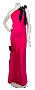 A Hot Pink Bias Cut Single Shoulder Gown