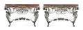 A Pair of Rococo Style Wrought Iron and Onyx Console Tables