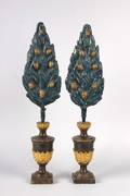 A Pair of Polychrome Wooden Planters and Faux Topiaries