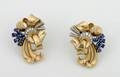 A Pair of Ladys Yellow Gold Blue Sapphire and Diamond Earrings