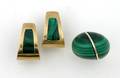 A Ladys 14 Karat Yellow Gold and Malachite Ring and Earring Set