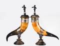 127 GOOD PAIR OF SILVER PLATED MOUNTED HORN CORNUCOPIA