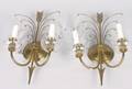 A Pair of Brass and Glass Two Light Wall Sconces