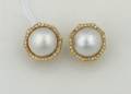 A Pair of Ladys 14 Karat Yellow Gold Mabe Pearl and Diamond Earrings