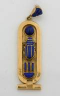A Ladys Yellow Gold and Inlaid Lapis Lazuli Contemporary Egyptian Cartouche Pendant