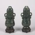 A Pair of Chinese Spinach Jade Censers and Covers