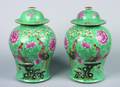 A Pair of Chinese Famille Rose Turquoise Ground Porcelain Baluster Jars and Covers