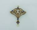 A Ladys 14 Karat Yellow Gold Seed Pearl Blue Sapphire and Diamond PinPendant