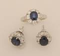 A Ladys 18 Karat White Gold Blue Sapphire and Diamond Ring and Earring Set