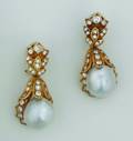 A Pair of Ladys Yellow Gold Diamond and South Sea Cultured Pearl Earclips