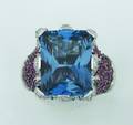 A Ladys 14 Karat White Gold Blue Topaz Pink Sapphire and Diamond Ring Sonia B