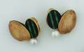 A Ladys 14 Karat Yellow Gold Cultured Pearl Black Onyx and Malachite Earrings Eve Alfill