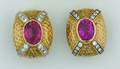 A Pair of Ladys Yellow Gold Pink Tourmaline and Diamond Earclips