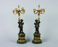 A Pair of Louis XVI Style Patinated Bronze GiltMetal and Marble SixLight Candelabra