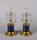 A Pair of Two Cut Glass Metal and Cobalt Lustres