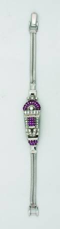 A Ladys 14 Karat White Gold Ruby and Diamond Art Moderne Watch