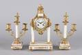 A French White Marble and Gilt Bronze Portico Clock Garniture