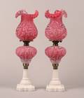 A Pair of Victorian Satin Glass Oil Lamps