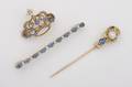 Three Ladys Yellow Gold Blue Sapphire and Seed Pearl Pins