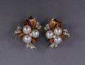 142 PAIR OF YELLOW GOLD PEARL AND DIAMOND EARRINGS