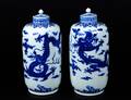 240 PAIR OF BLUE AND WHITE PORCELAIN VASES  COVERS