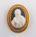 A Victorian Yellow Gold Pearl and White and Translucent Gray Agate Cameo Brooch