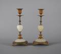 A Pair of Victorian Alabaster and Brass Candlesticks