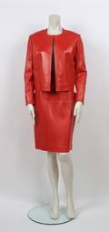 A Chanel Boutique Red Leather Skirt Suit