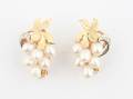 A Pair of 14 Karat Yellow Gold Cultured Pearl and Diamond Earclips