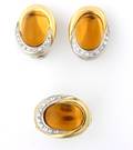 A 10 Karat Yellow Gold and White Gold Citrine Cabochon and Diamond Ring and Earring Set