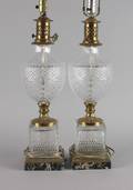 A Pair of CutGlass and Brass Urn Form Table Lamps