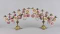 A Pair of Gilt Metal and Porcelain Mounted Six Light Candelabra