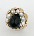 A 14 Karat Yellow Gold Black Coral and Cultured Pearl Ring