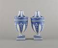 A Pair of Adams Blue and White Jasper Potpourri Vases with Covers