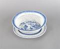 A Canton Porcelain Blue and White Reticulated Oval Basket and a Standish