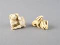 Two Japanese Ivory Okimono of Rabbits