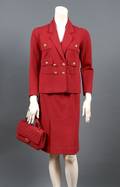 A Chanel Couture Red Wool Skirt Suit with Matching Handbag