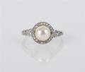 A White Gold Cultured Pearl and Diamond Ring
